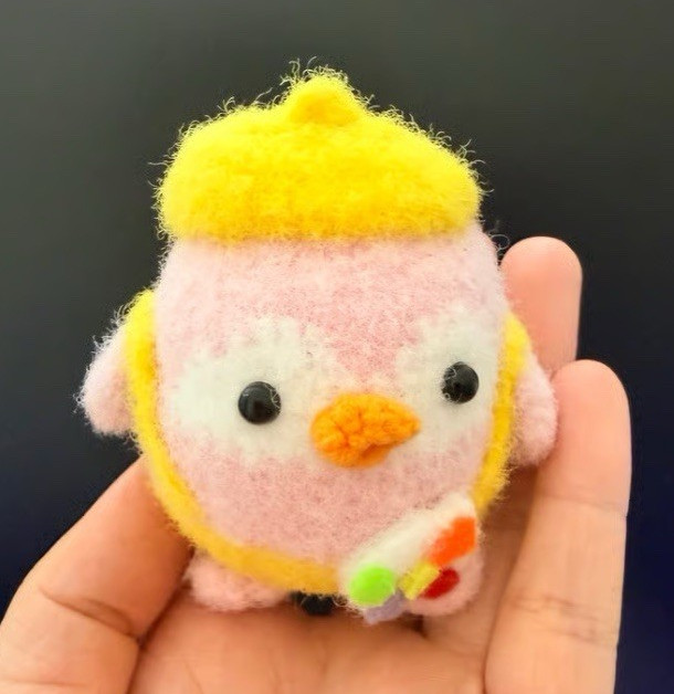 Handmade crochet Mini Soft Pink Toy with Yellow hat- Under 6 in