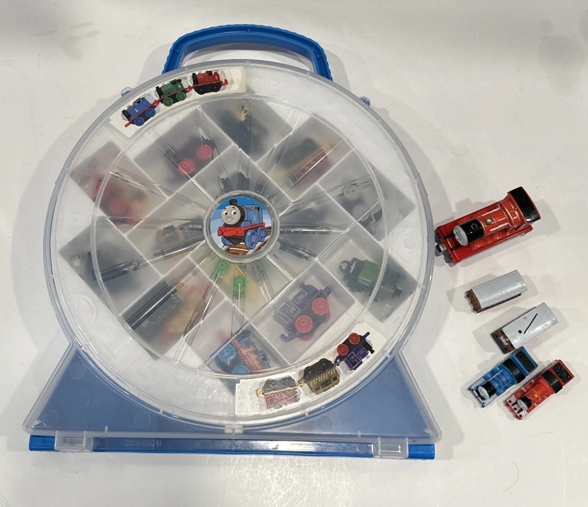 Thomas Miniature Train Set Blue Circular Storage Case With Trains And Extra