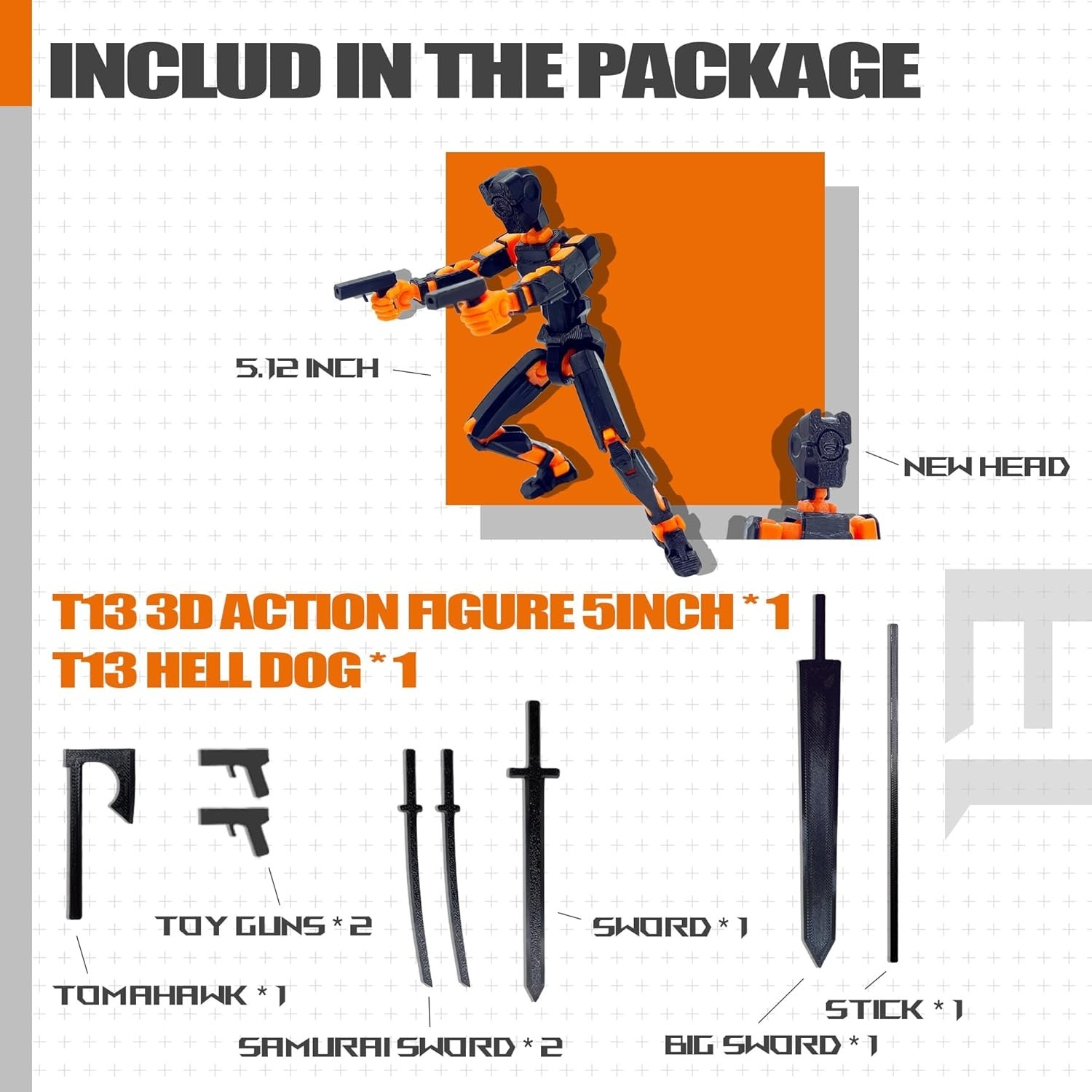 Action Figure Set 3D Printed Poseable Toy Miniature Collectible Black Orange