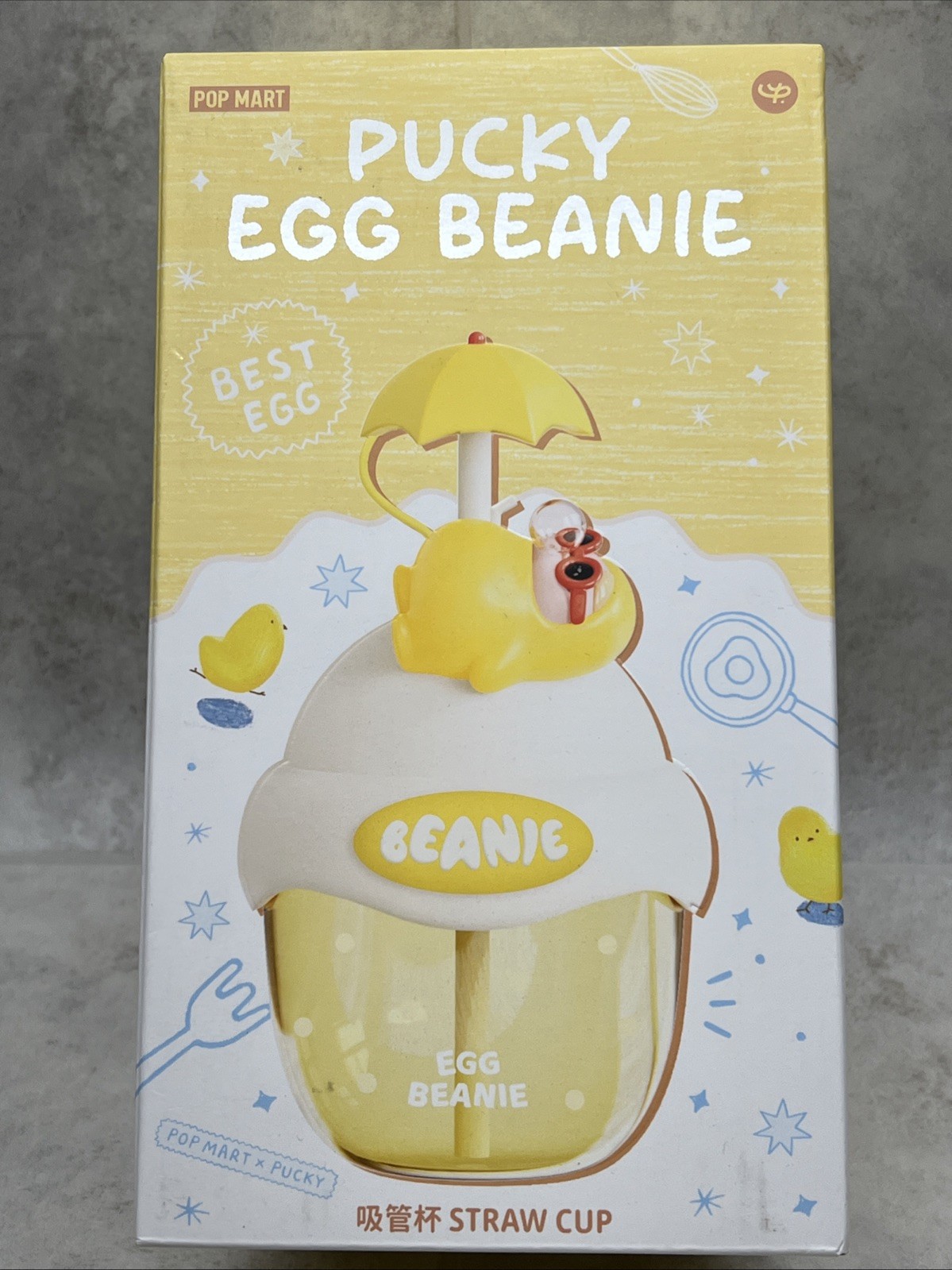 PopMart – Pucky Egg Beanie Series – Yellow Straw Cup – Fried Egg Umbrella- New!