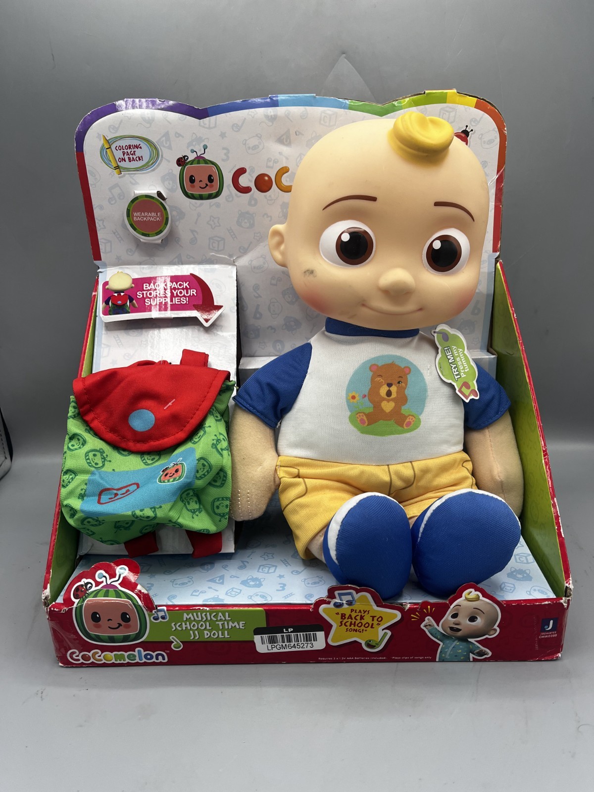 Cocomelon JJ Musical Back to School Plush Doll with Backpack NEW Damaged Box