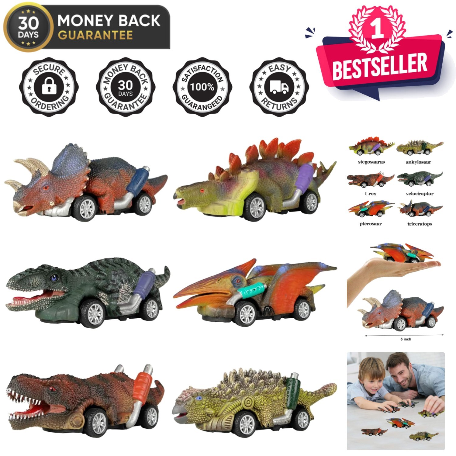 Dino Pull Back Cars – 6 Mini Dinosaur Toys for Boys and Girls Ages 3+