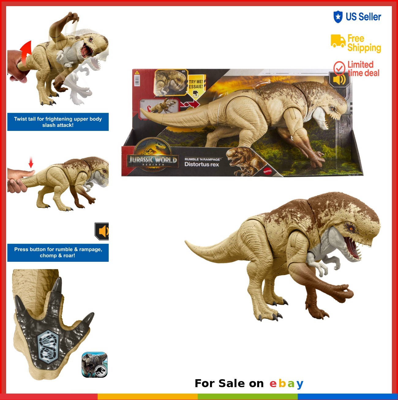 Dinosaur Action Figure 22 Inch Distortus Rex Rumble N Rampage Toy Roar Chomp