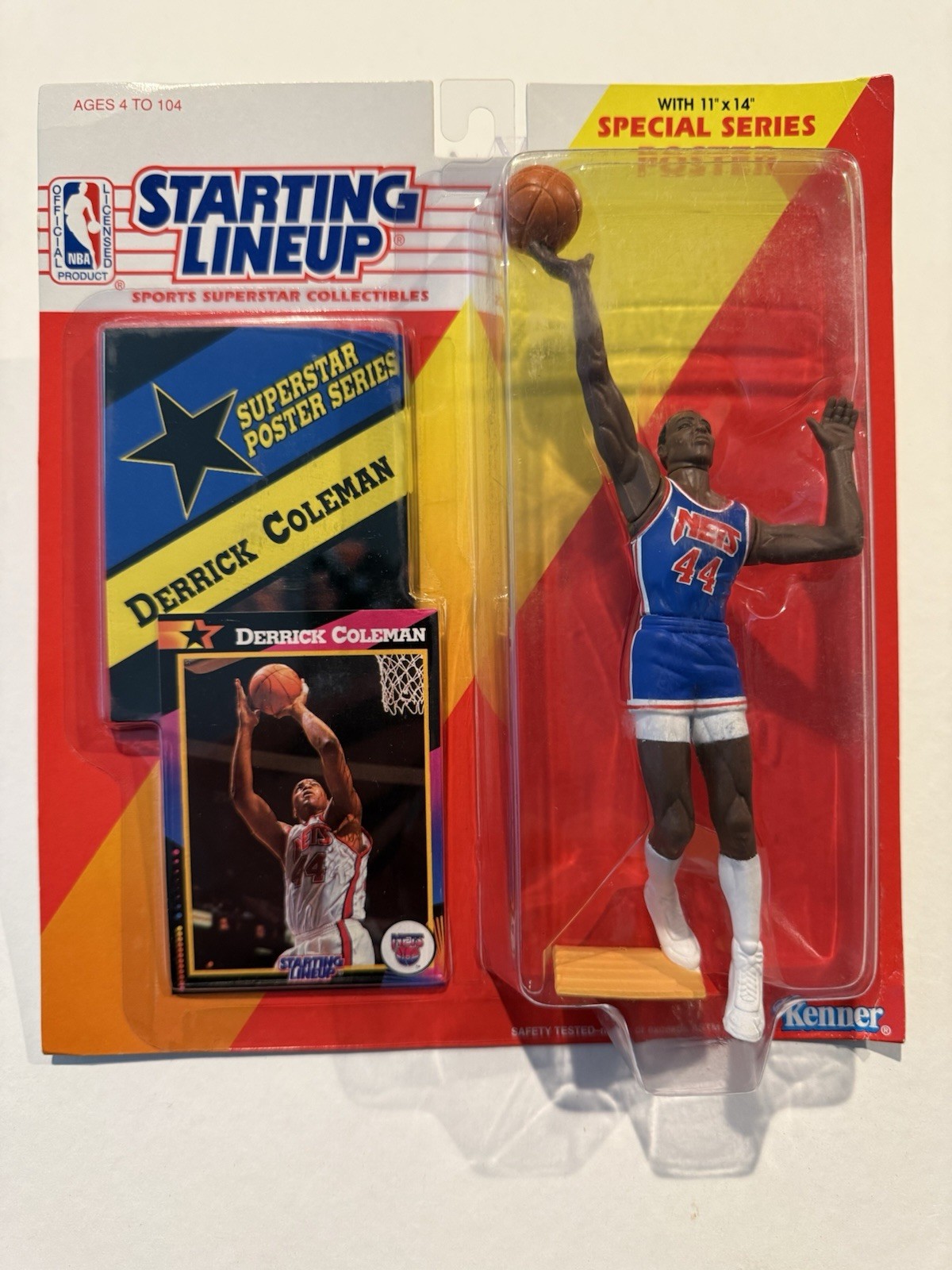 💥🏀 1992 DERRICK COLEMAN Starting Lineup, NJ Nets, NBA, Card & Poster 🏀💥