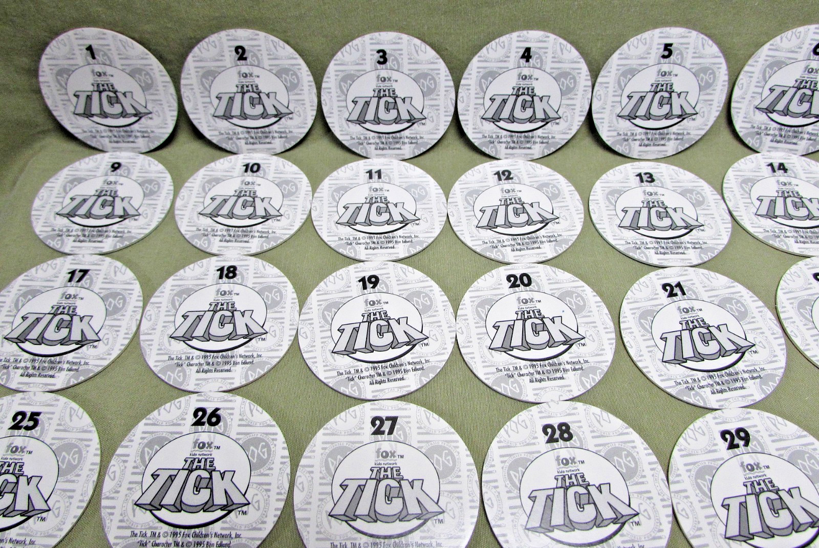 1995 THE TICK POG MILKCAP COMPLETE SET of 60 Fox Children&rsquo;s Network Ben Edlund