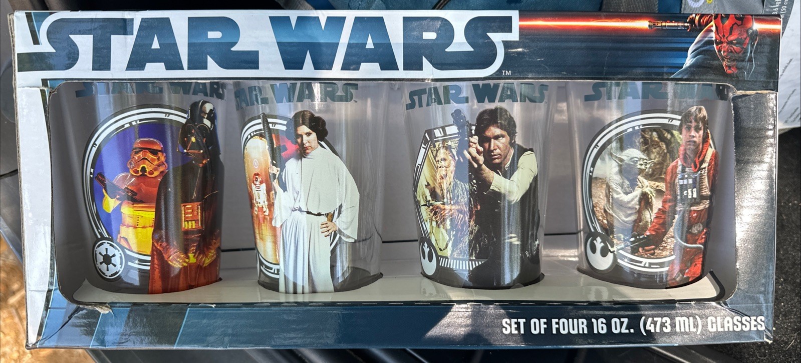 Disney Star Wars Set of Four 16 Oz Pint Glasses Brand New Darth Vader Leia Luke