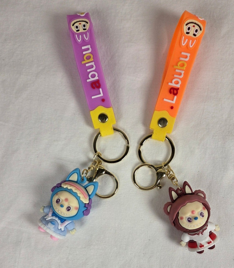 Labubu PVC Keychain Set of 2 Blue and Red with Wrist Straps Pop Mart Style