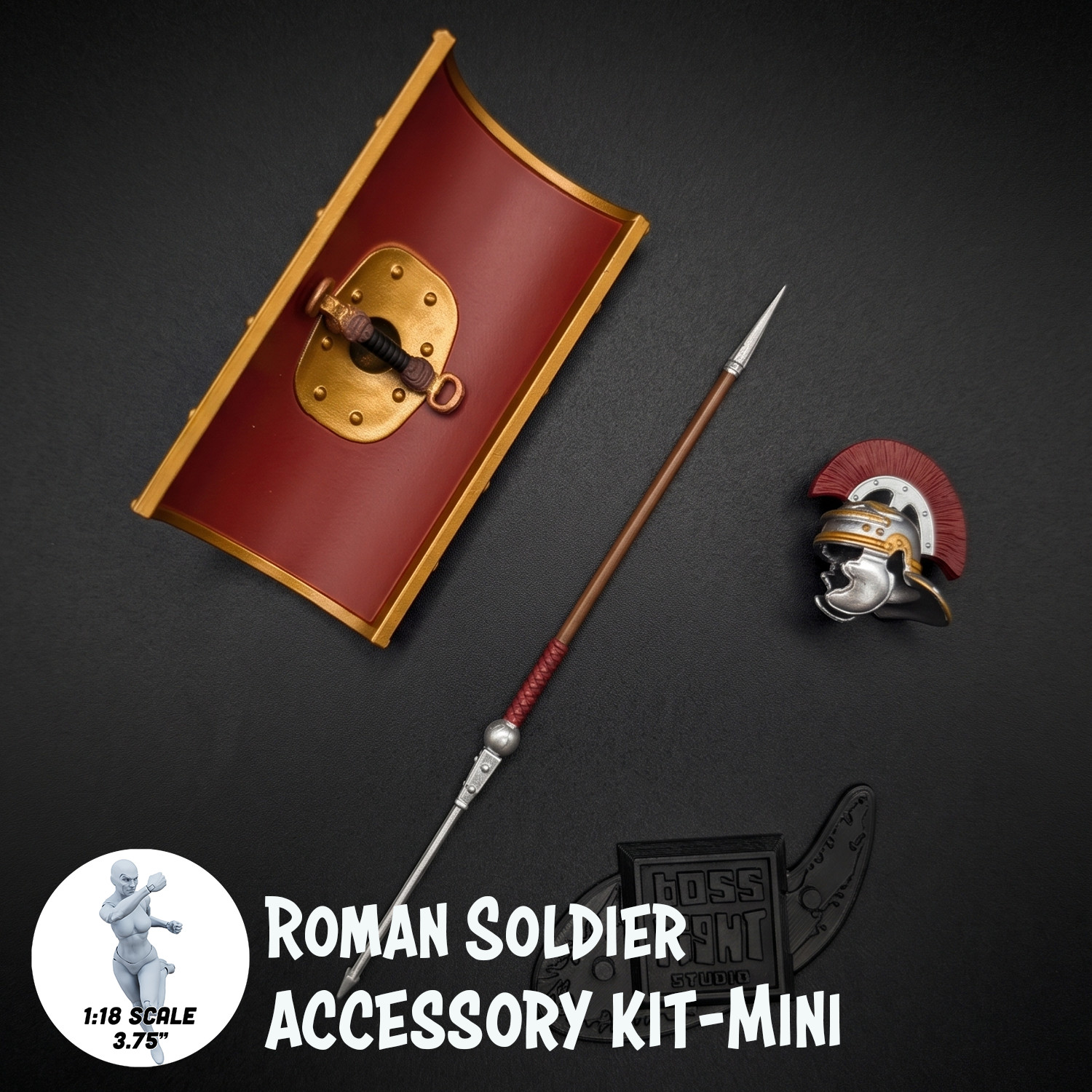 1:18 Scale Roman Soldier Mini Gear Kit (Roman Shield, Sword-Spear Pack for 3.75&Prime;
