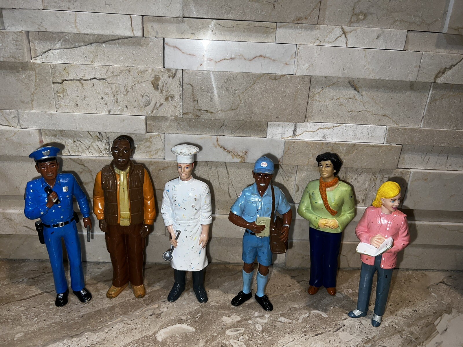 VINTAGE LOT OF 6 FIGURES CHEF TEACHER LADY MAILMAN GRAMPA POLICEMAN SCUFFED