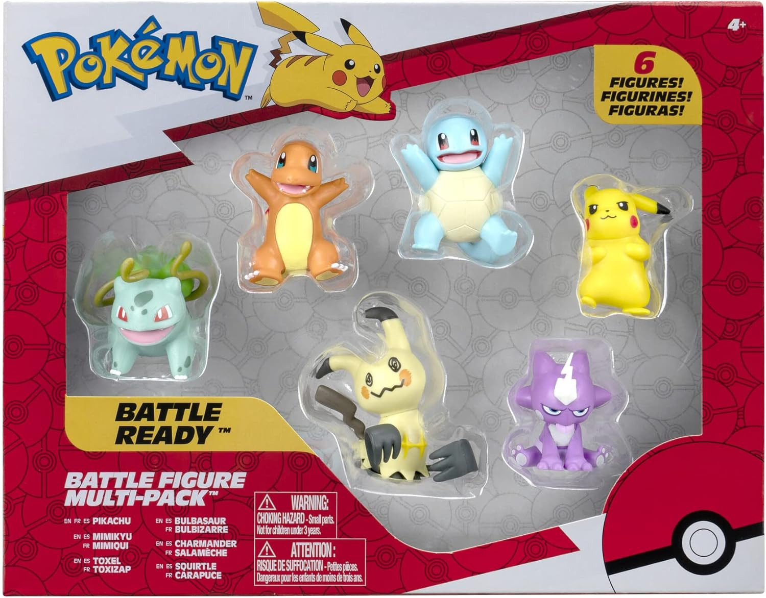 Battle Figure 6 Pack-Features 2-Inch Pikachu, Squirtle, Charmander, Bulbasaur, M