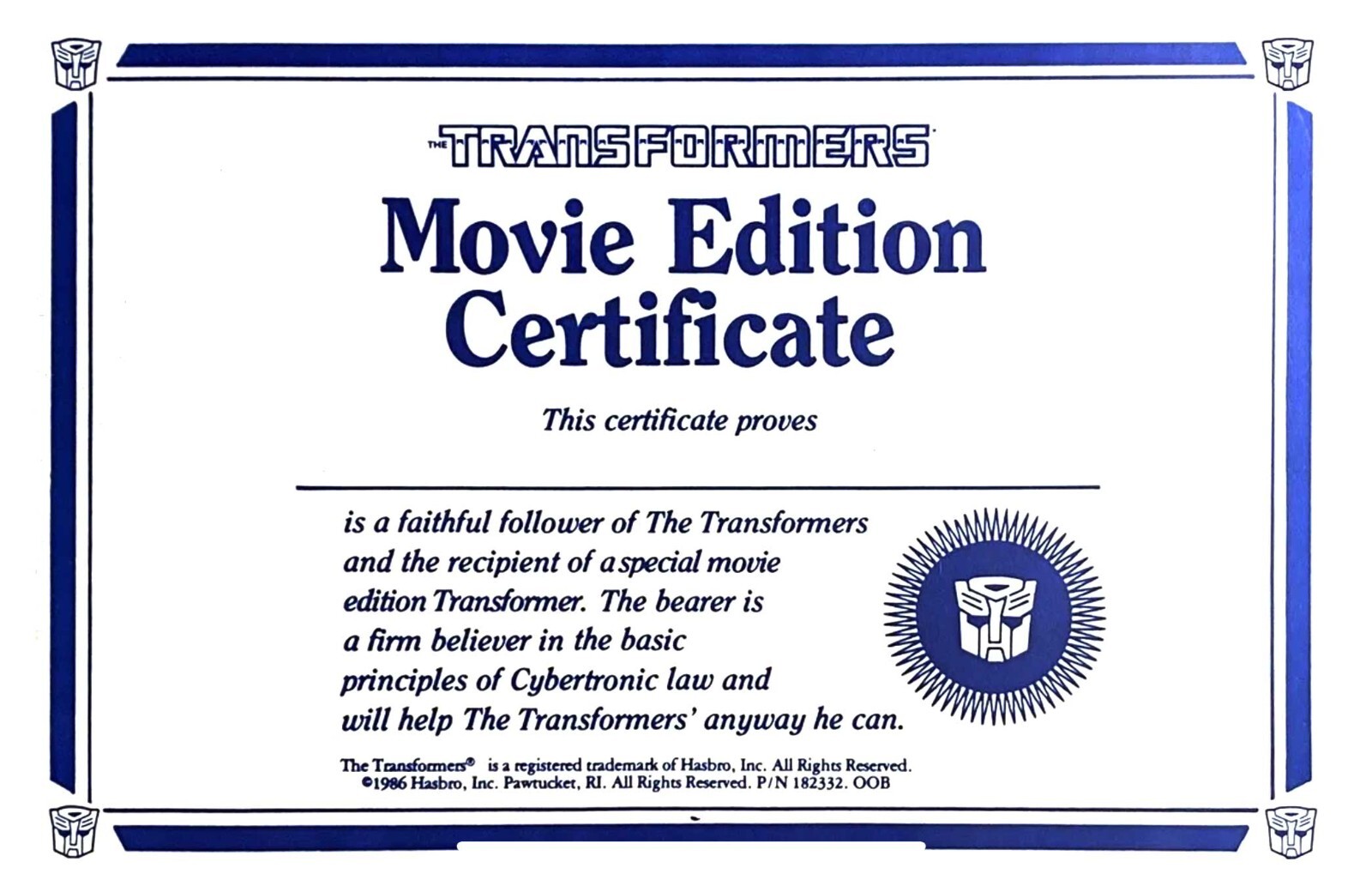G1 1986 OPTIMUS PRIME MOVIE MAILER CERTIFICATE • G1 TRANSFORMERS