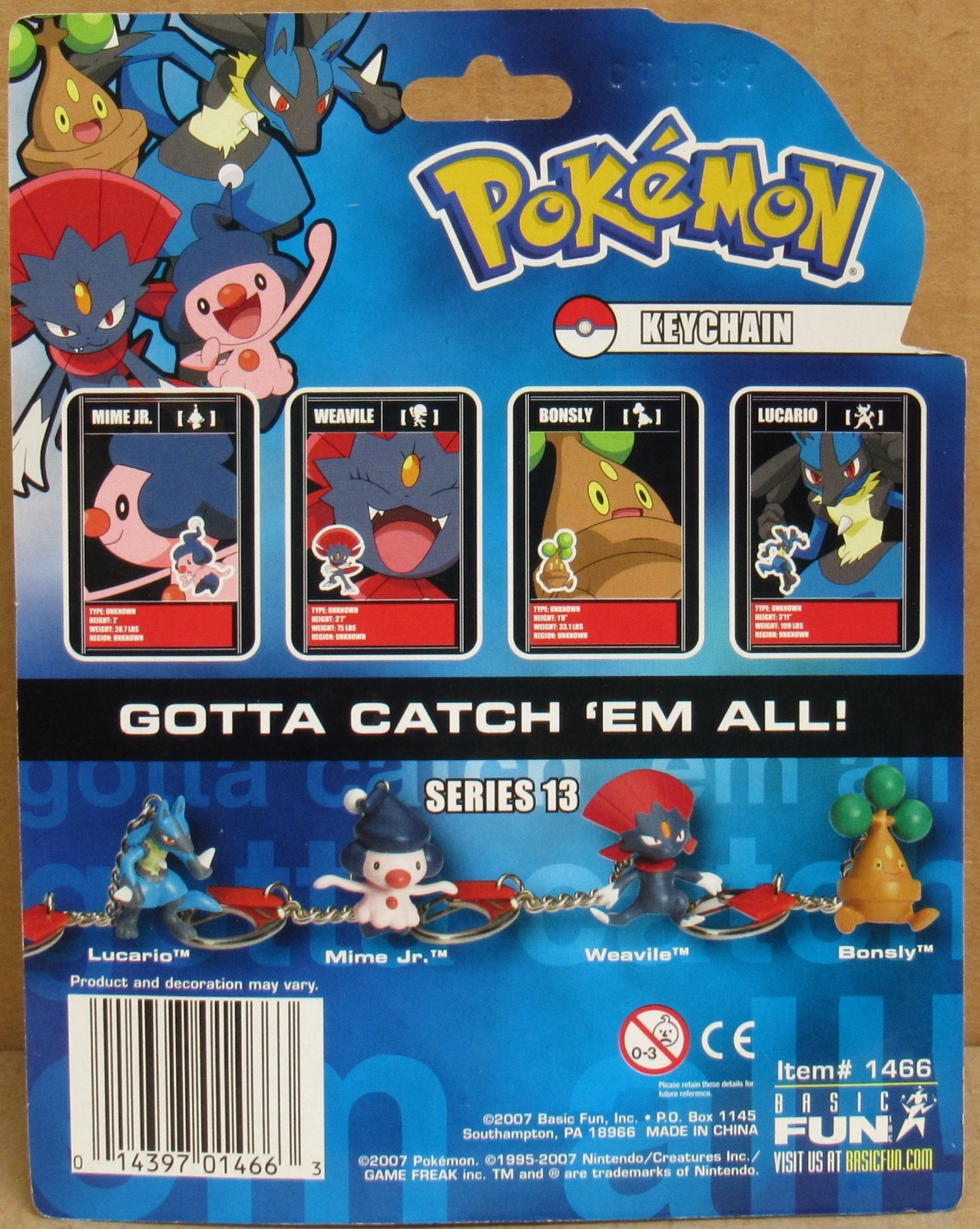 Basic Fun 1466 Pokémon « Bonsly » Series 13 Keychain NIP