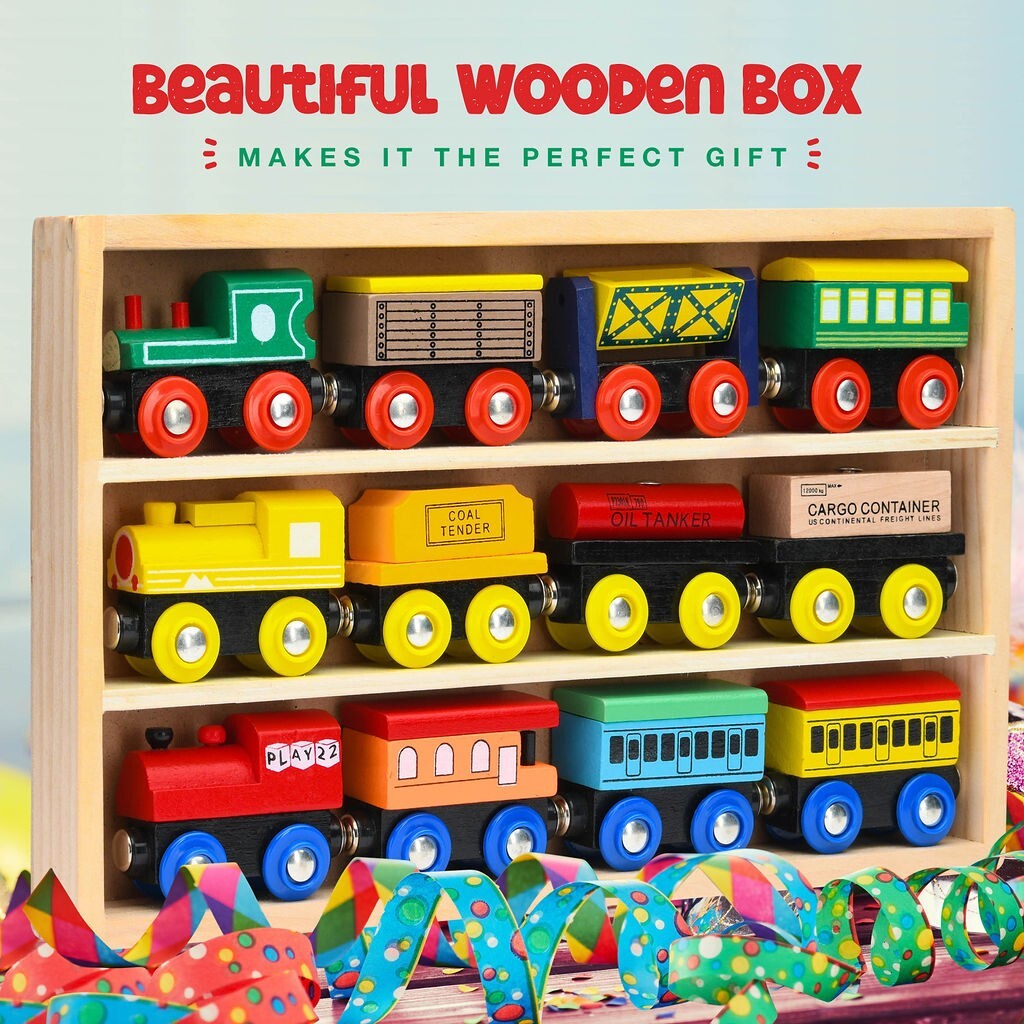 Wooden Train Set 12 Pcs Magnetic Includes 3 Engines-Toy Train Sets for Kids