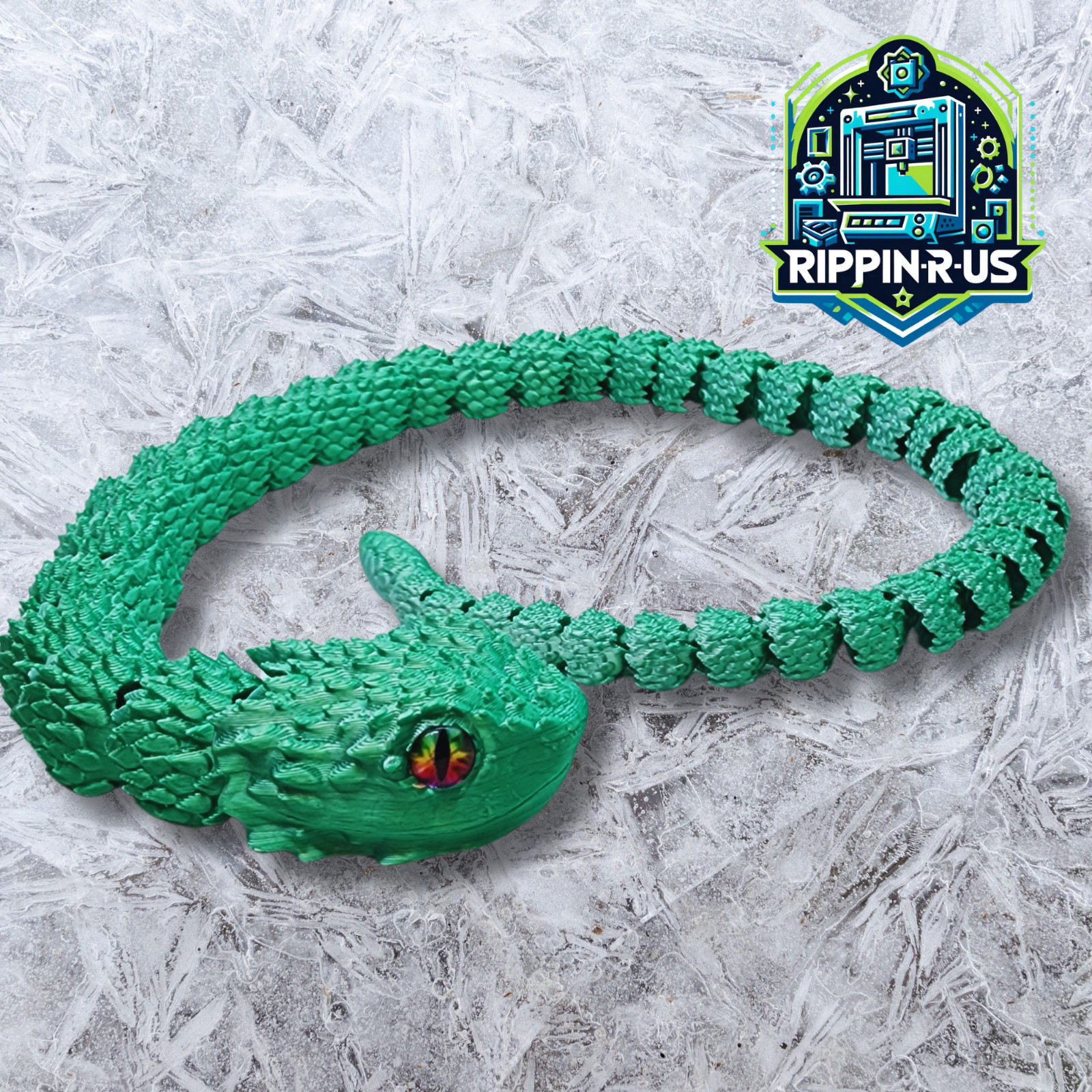 3D Printed Articulating Snake Copper Head Snake Green & White 23&Prime; Long W/ Eyes