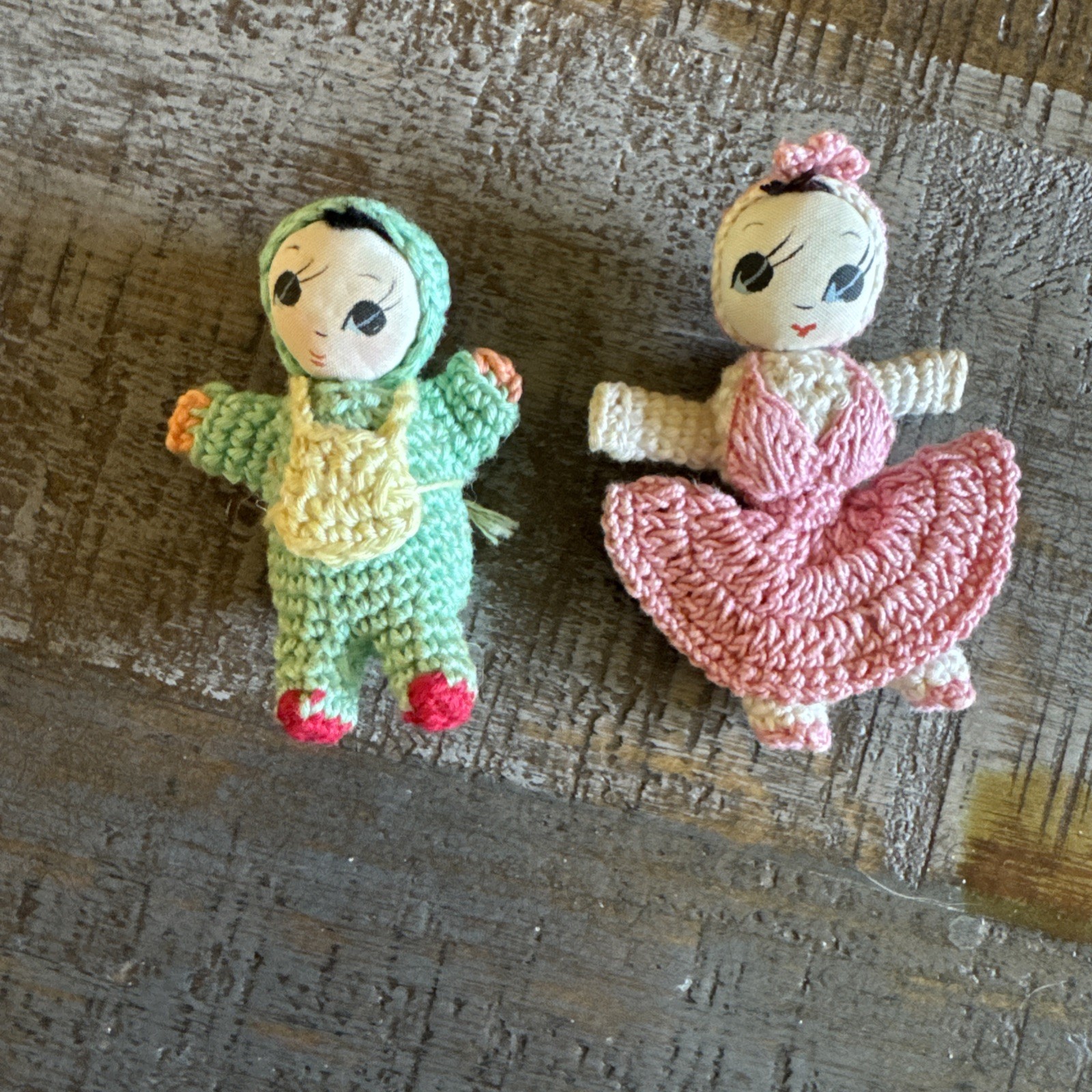 2 Vintage Japanese Crochet Knitted Dolls, 2 1/2-3inch Tall