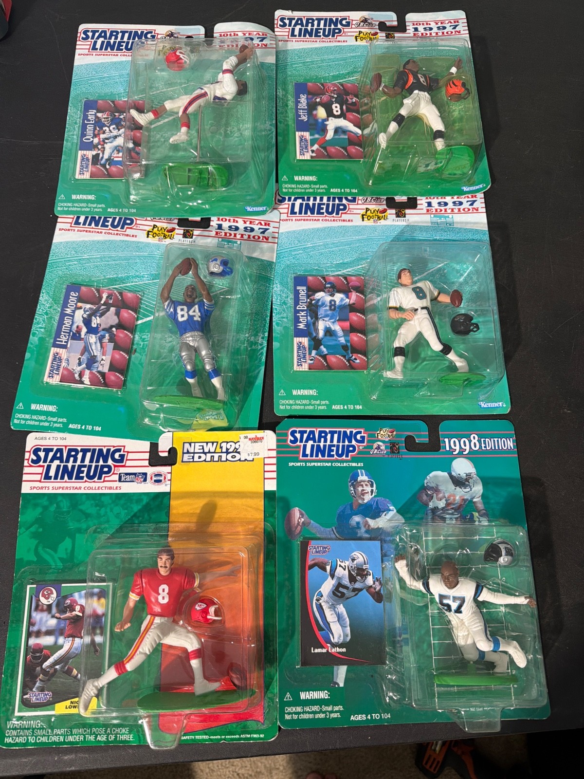 LOT OF 6 Starting Lineup 1997-98 NFL Figures Moore Brunell Blake 10th Year MOC S
