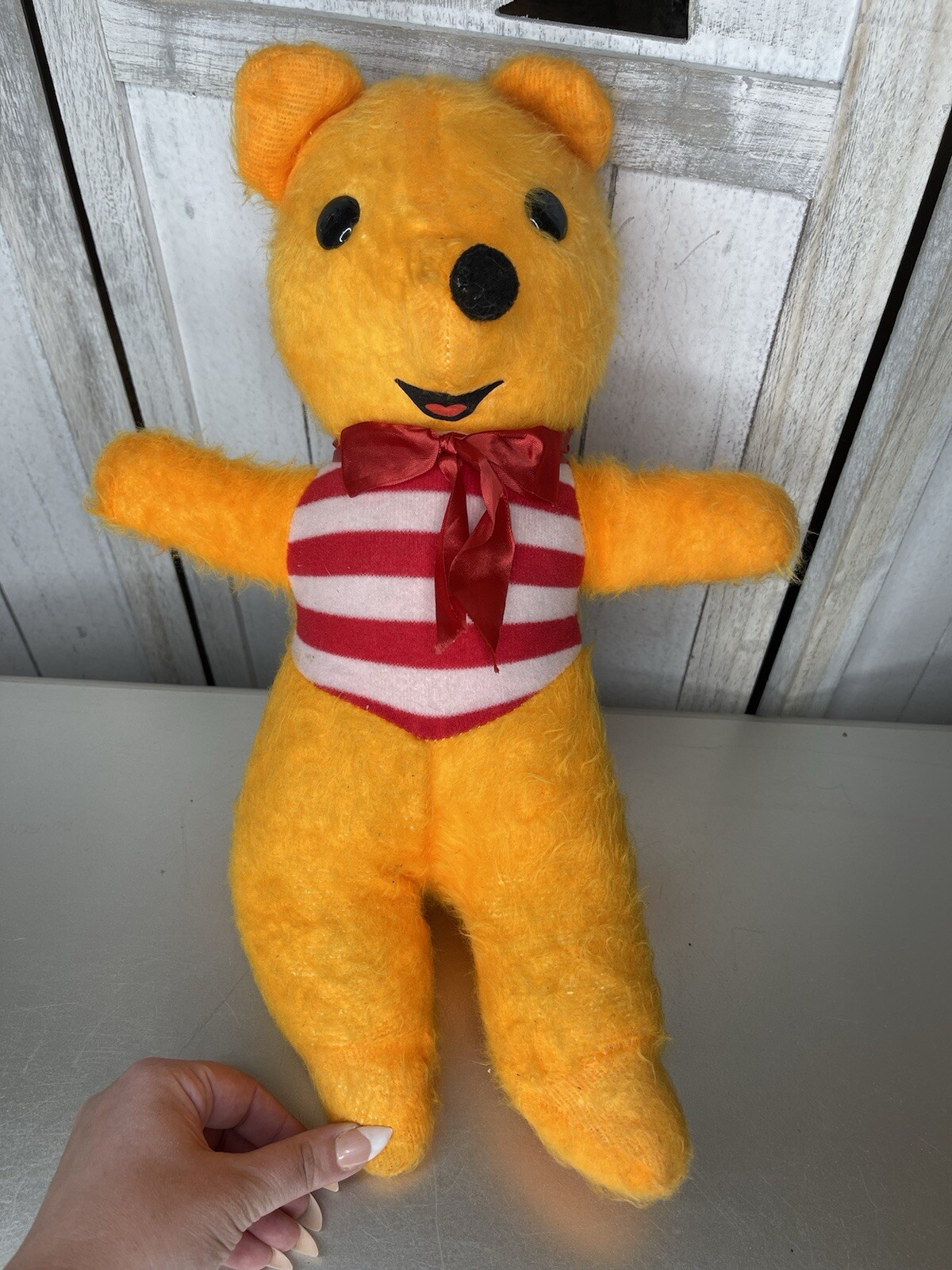 Vintage Orange Teddy Bear Red White Bow Plush Stuffed Animal 13” Pooh