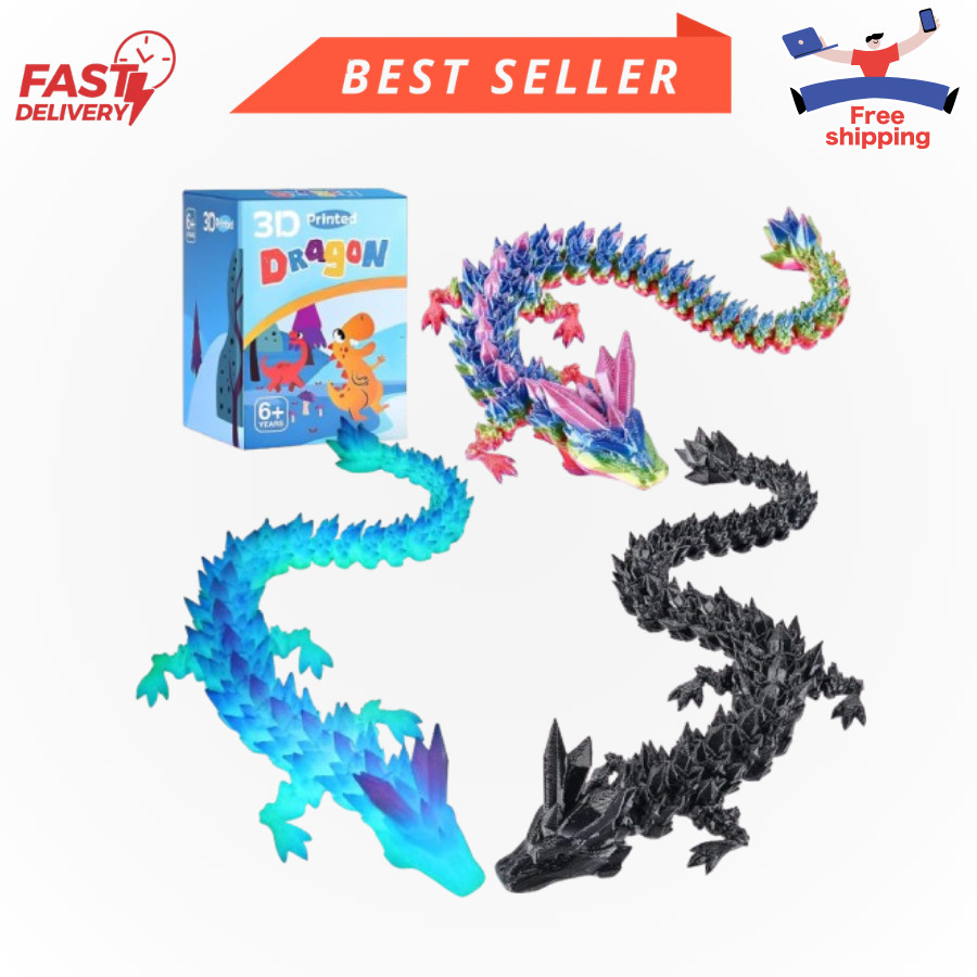 3Pcs 12In 3D Printed Crystal Dragon Glow in the Dark,3D Printed Flexible Articul