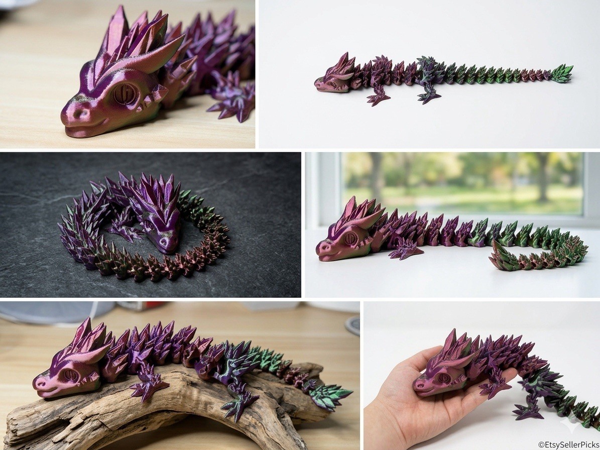 Handmade 25&Prime; Articulated Crystal Dragon 3D Printed Fidget USA Made Desk Decor