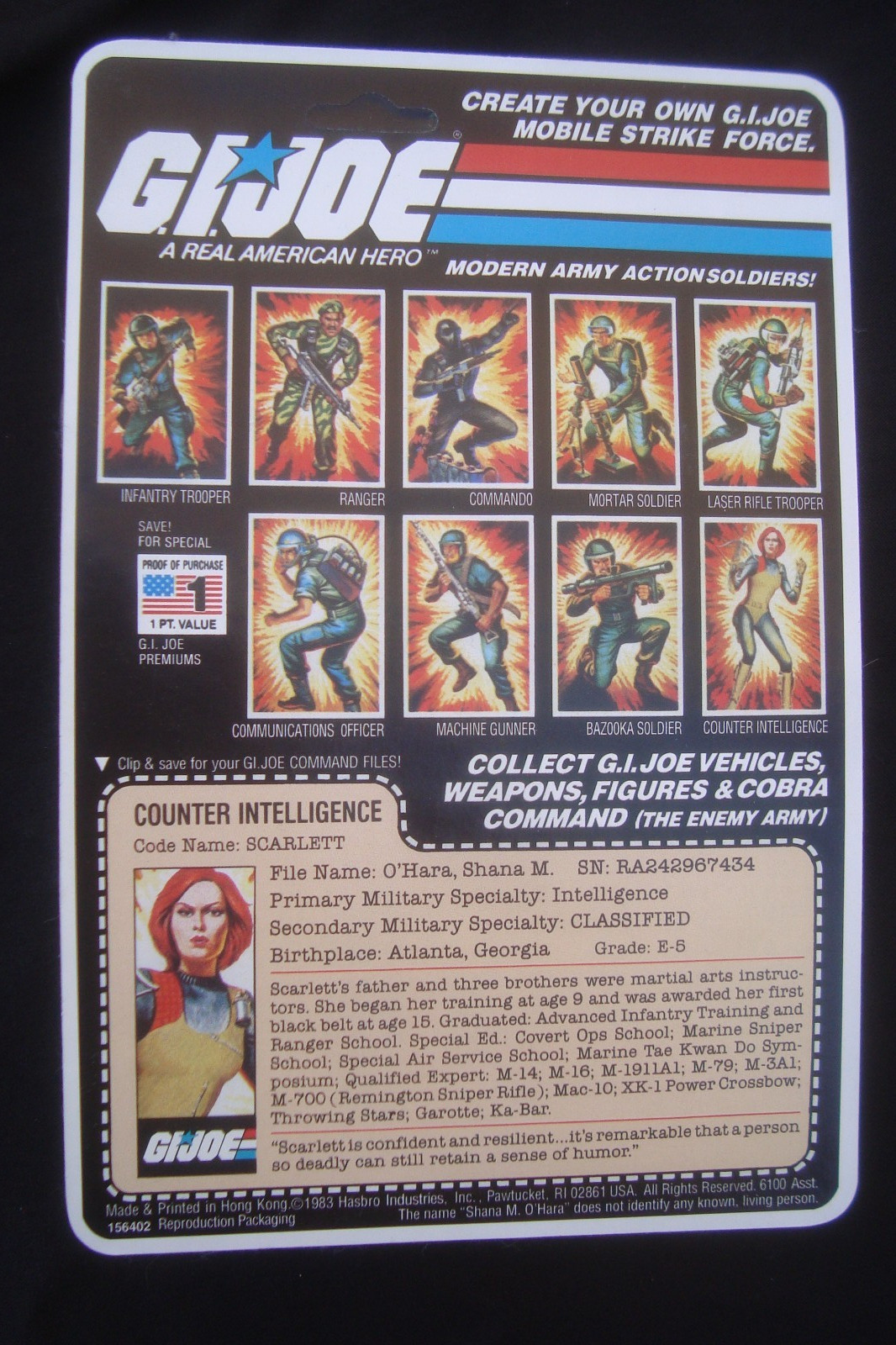 1983 GI Joe Scarlett 100% Complete ReCarded On UnPunched Repro Card