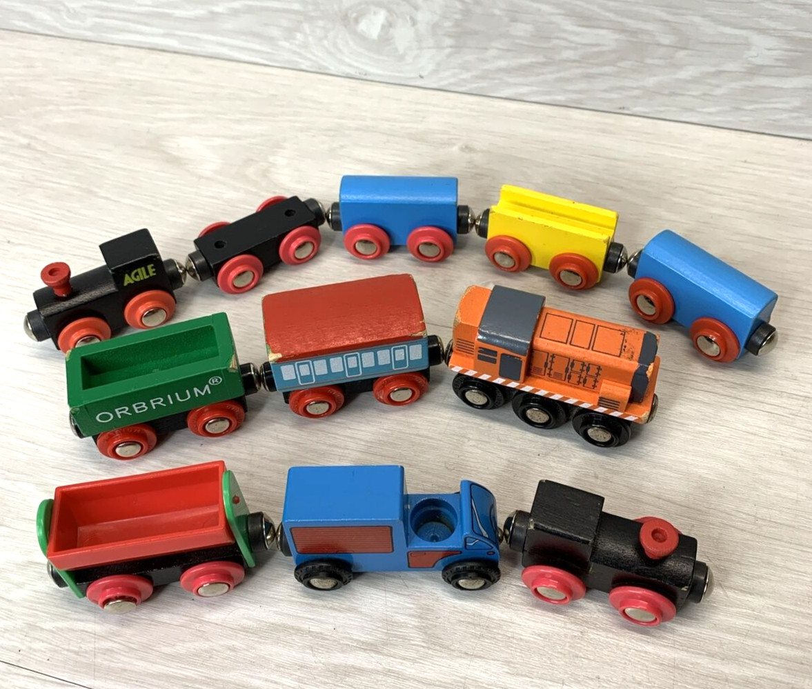 Orbrium Wooden Railway Train Cars with Other Mixed Brand Trains Lot of 11