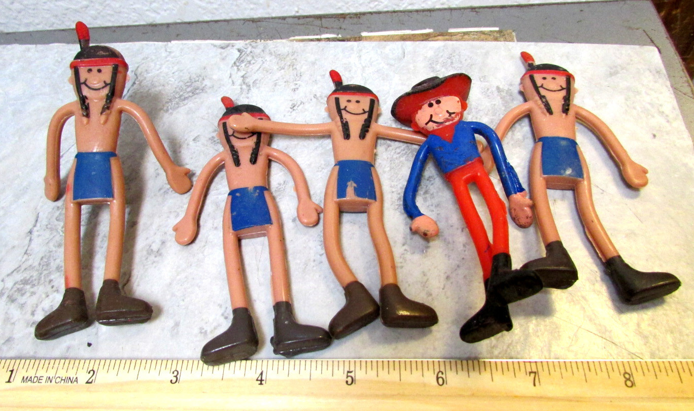 plastic bendable 4 inch figures, 4 Native Americans 1 Cowboy, fun toys for kids