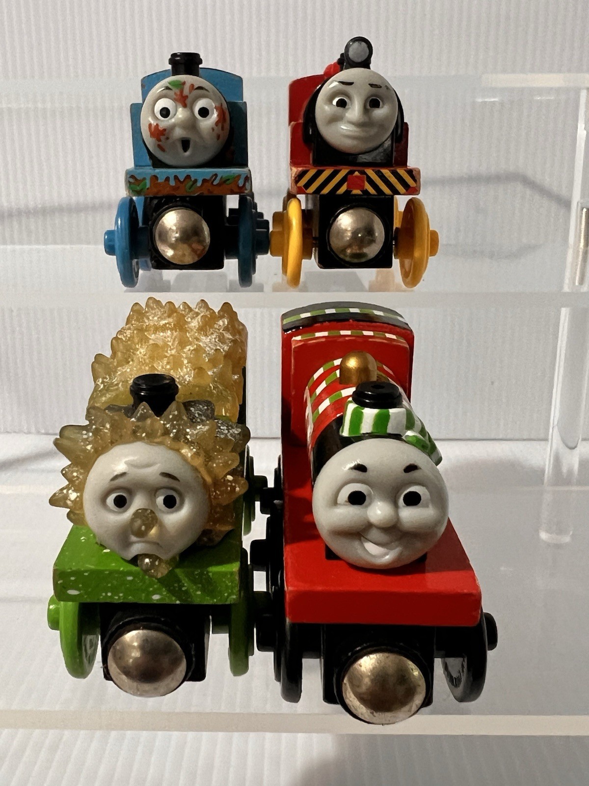 Lot Of 4 Wooden Trains Mud Covered Thomas Victor James Team Colors Frozen Percy