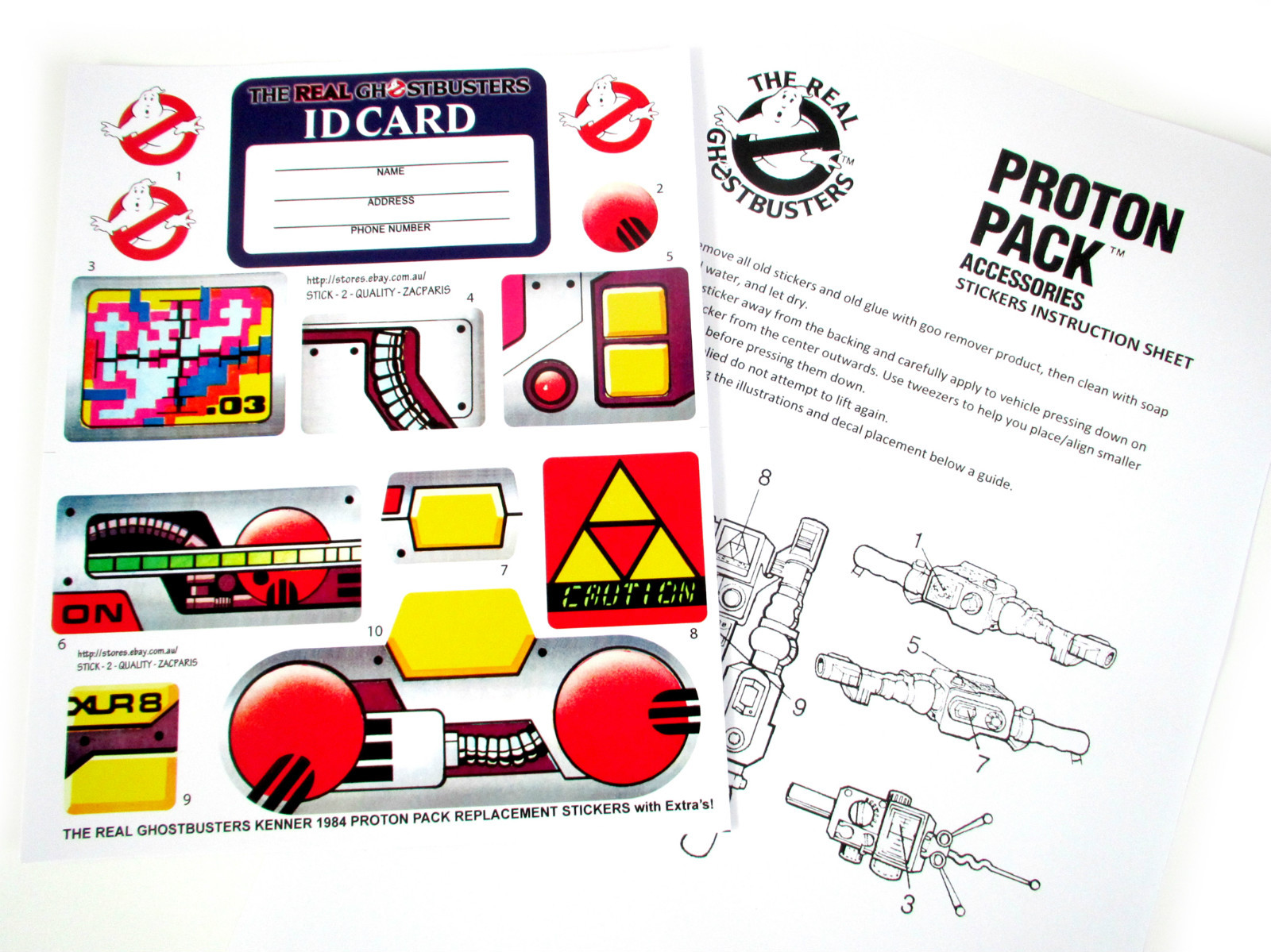 REPLACEMENT STICKERS for THE REAL GHOSTBUSTERS PROTON PACK & PKE METER + ID 1984