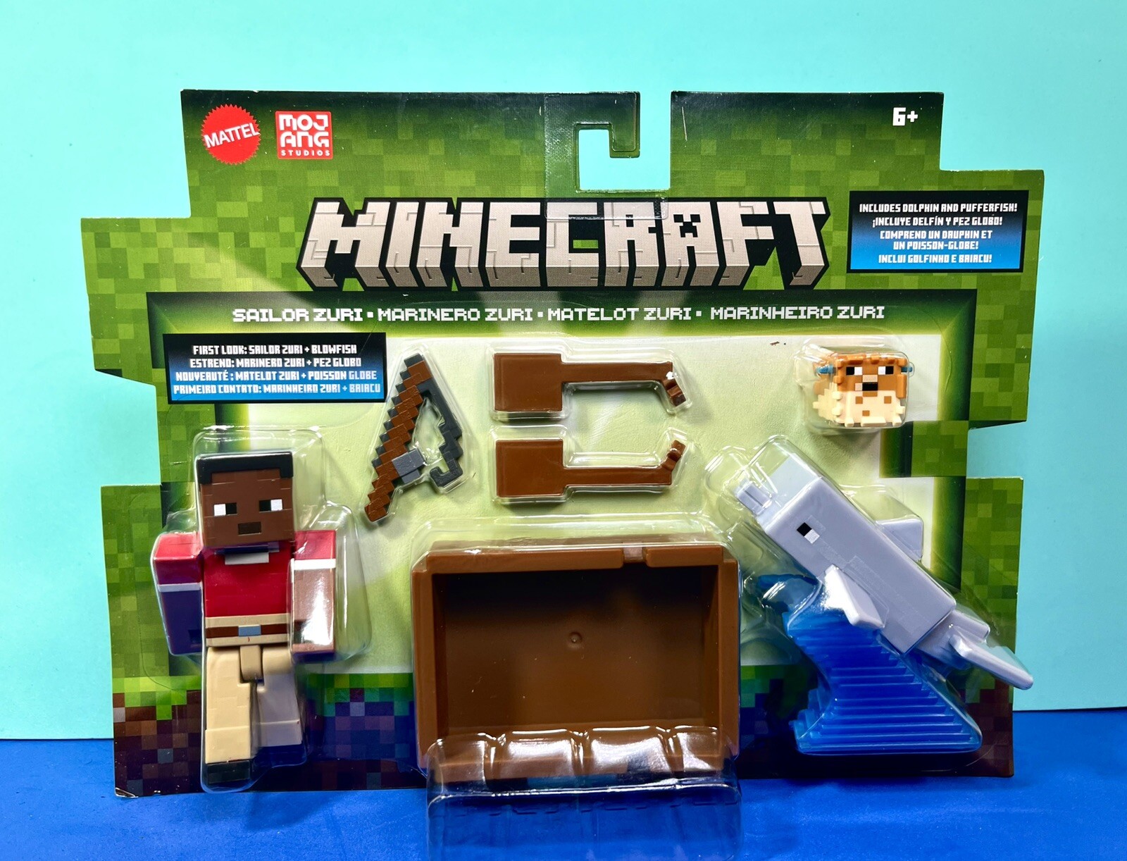 2024 Minecraft Figure 2-Pack: SAILOR ZURI and DOLPHIN (w: Boat, Rod, Pufferfish)