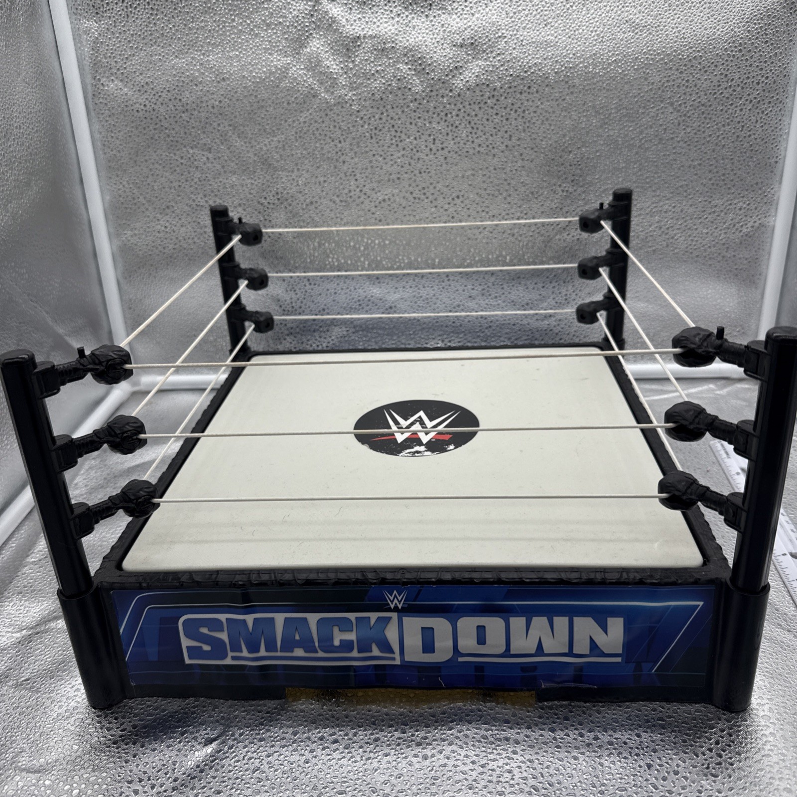 WWE Smack Down Wrestling Ring 11 X 11&Prime; Spring Loaded Mat 2010 White Ropes