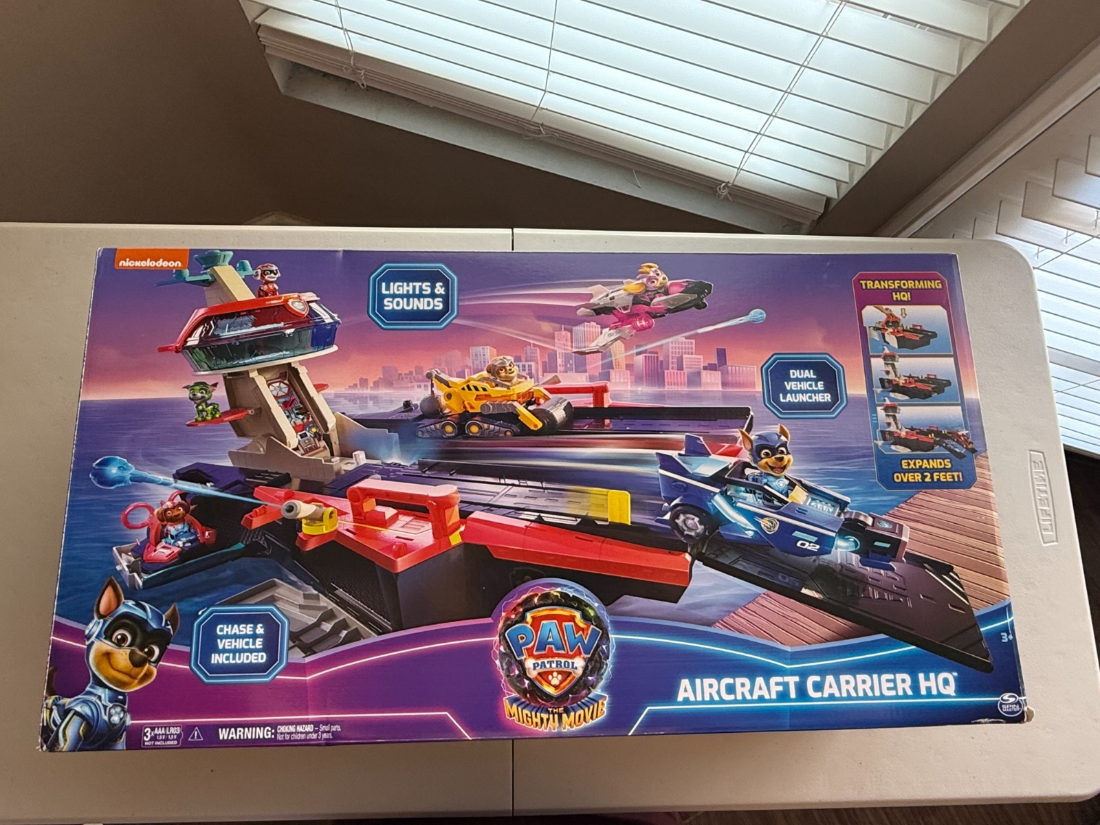 PAW Patrol Mighty Movie Aircraft Carrier HQ Toy Gift w/ Chase & Cruiser, Lights