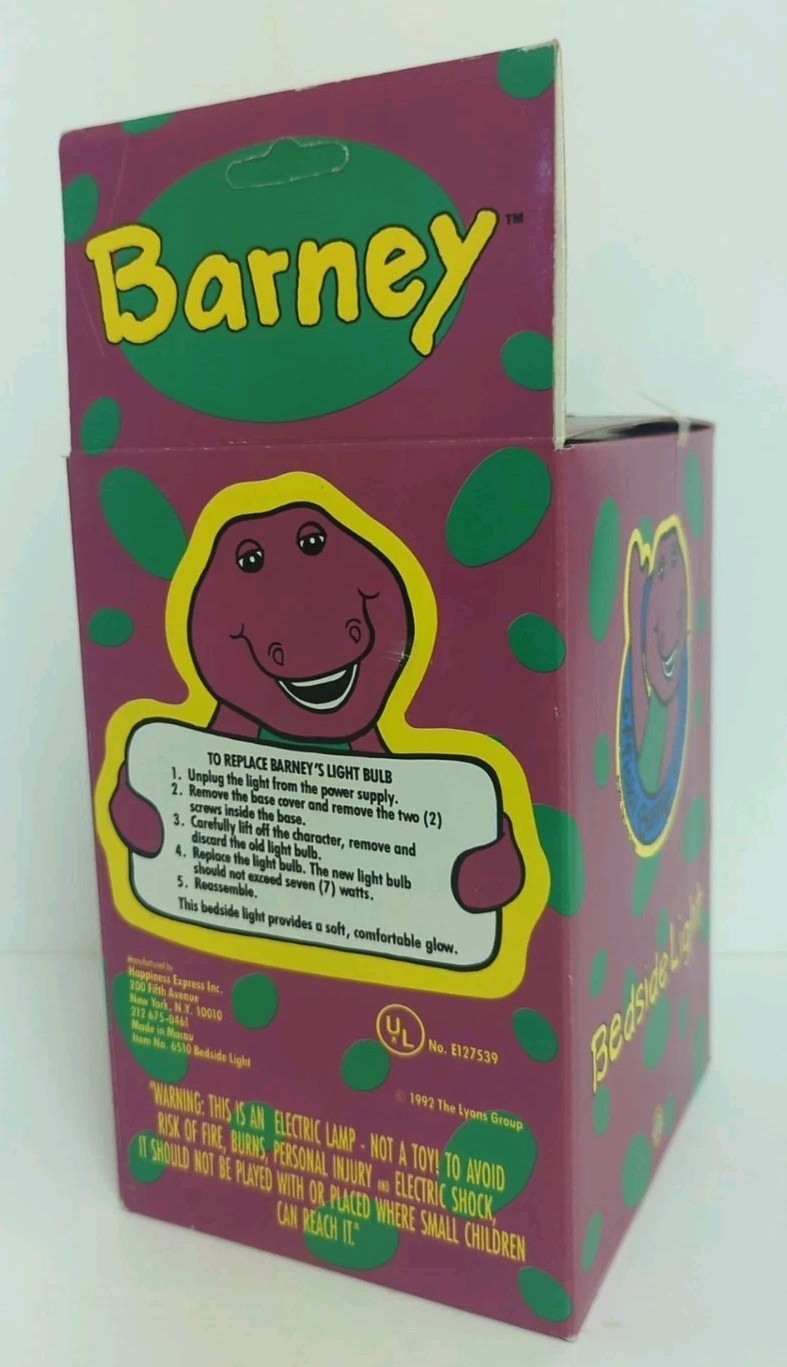 Barney the Dinosaur 1992 Lyons Group plastic soft glow Bedside Night Light -MIB!