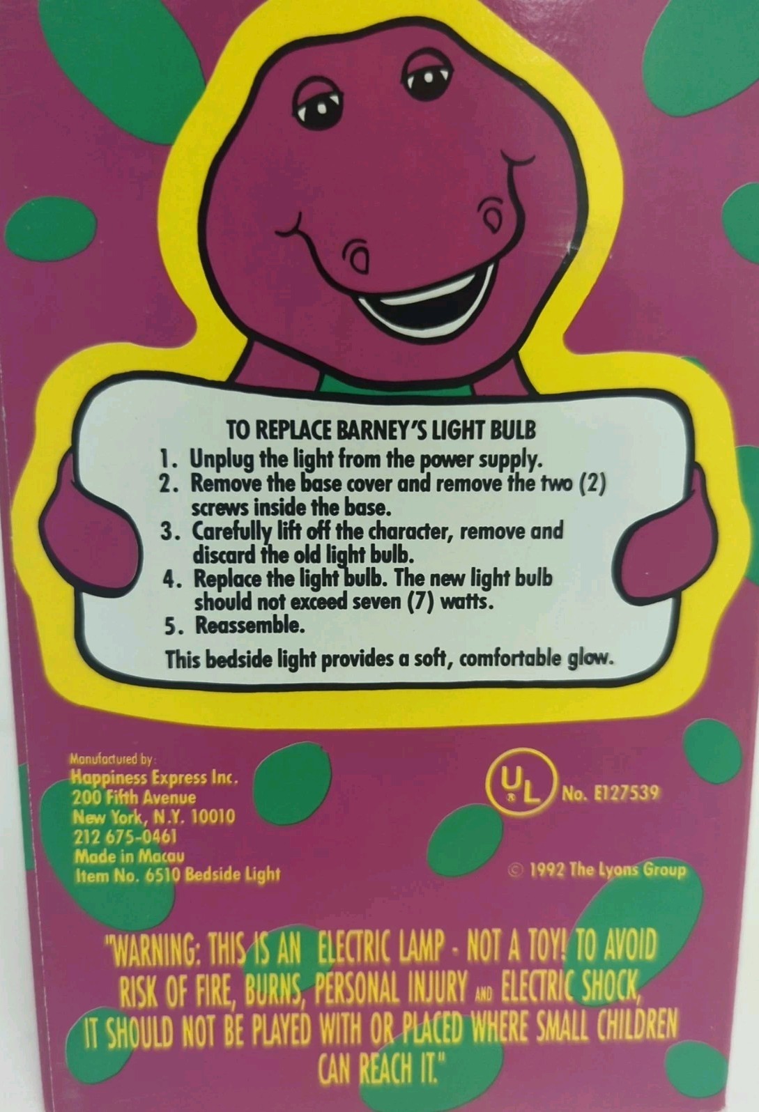 Barney the Dinosaur 1992 Lyons Group plastic soft glow Bedside Night Light -MIB!