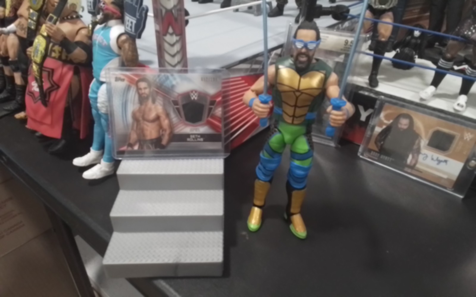 WWE Seth Rollins Mattel Ninja Turtle Figure Topps Worn Shirt Relic #52 of 199!