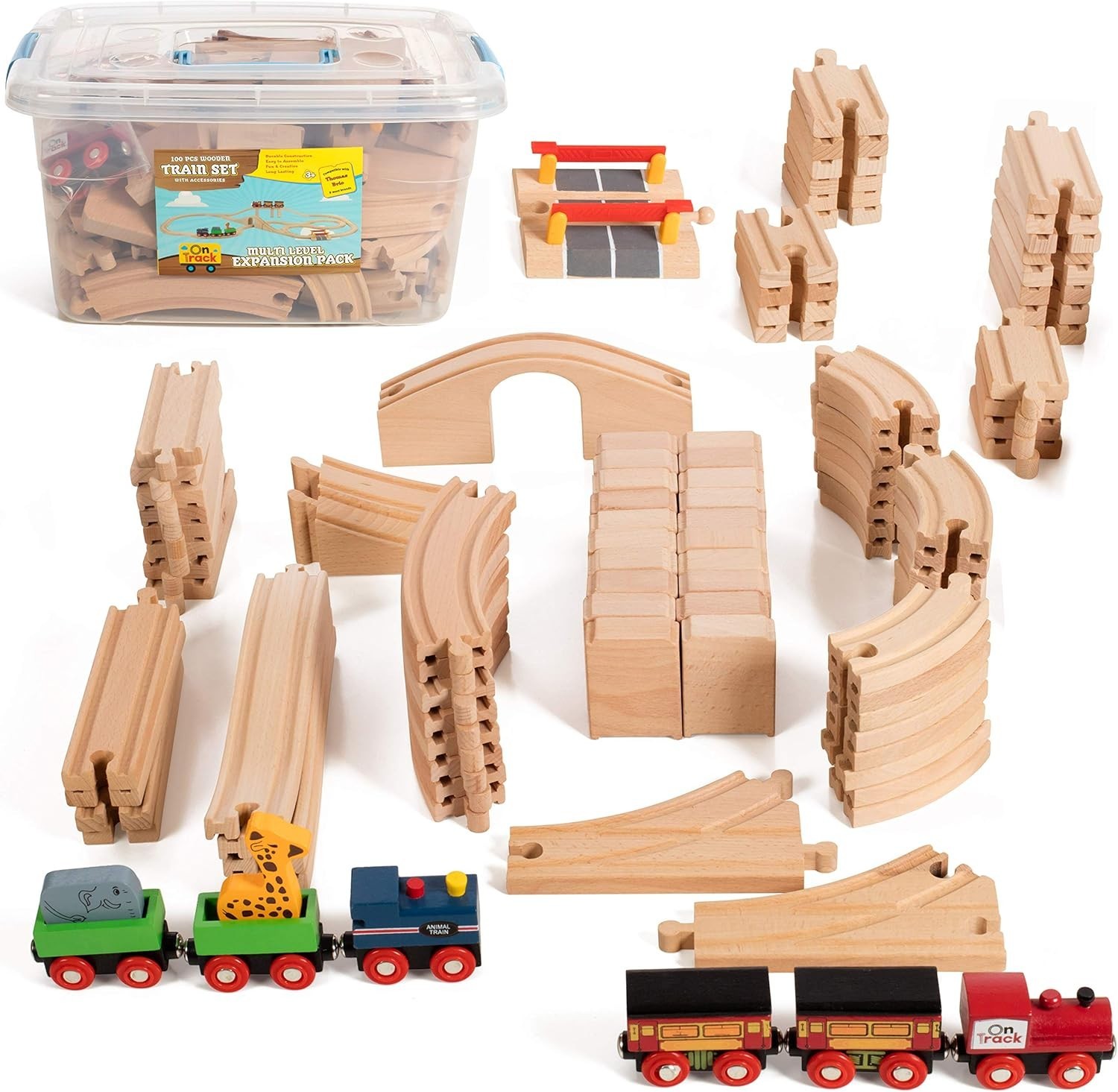 On Track USA Wooden Train Set 100 Piece Expansion Pack Train Track with Magnetic