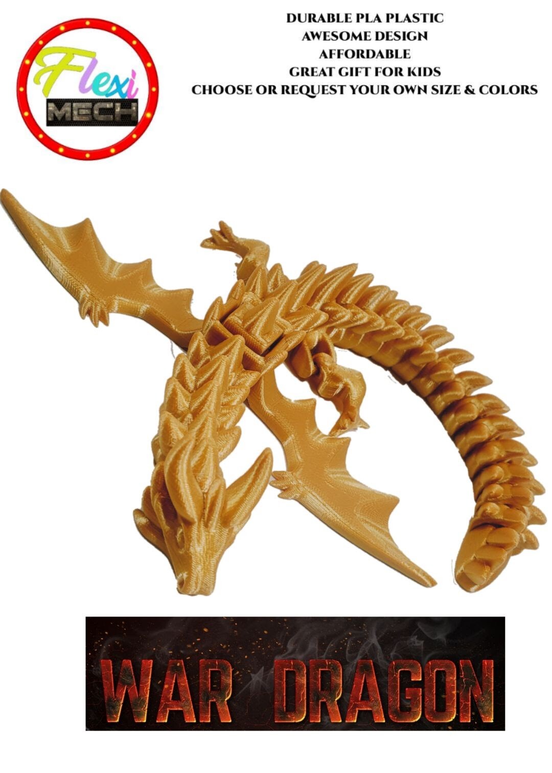 Flexi-Mech War Dragon 3d Printed Articulated  & Mechanical Toy Choose Color 7&Prime; L