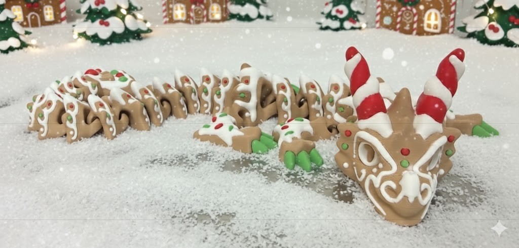 Gingerbread Dragon Articulated Fidget Toy Christmas 3D Printed Flexi Gift