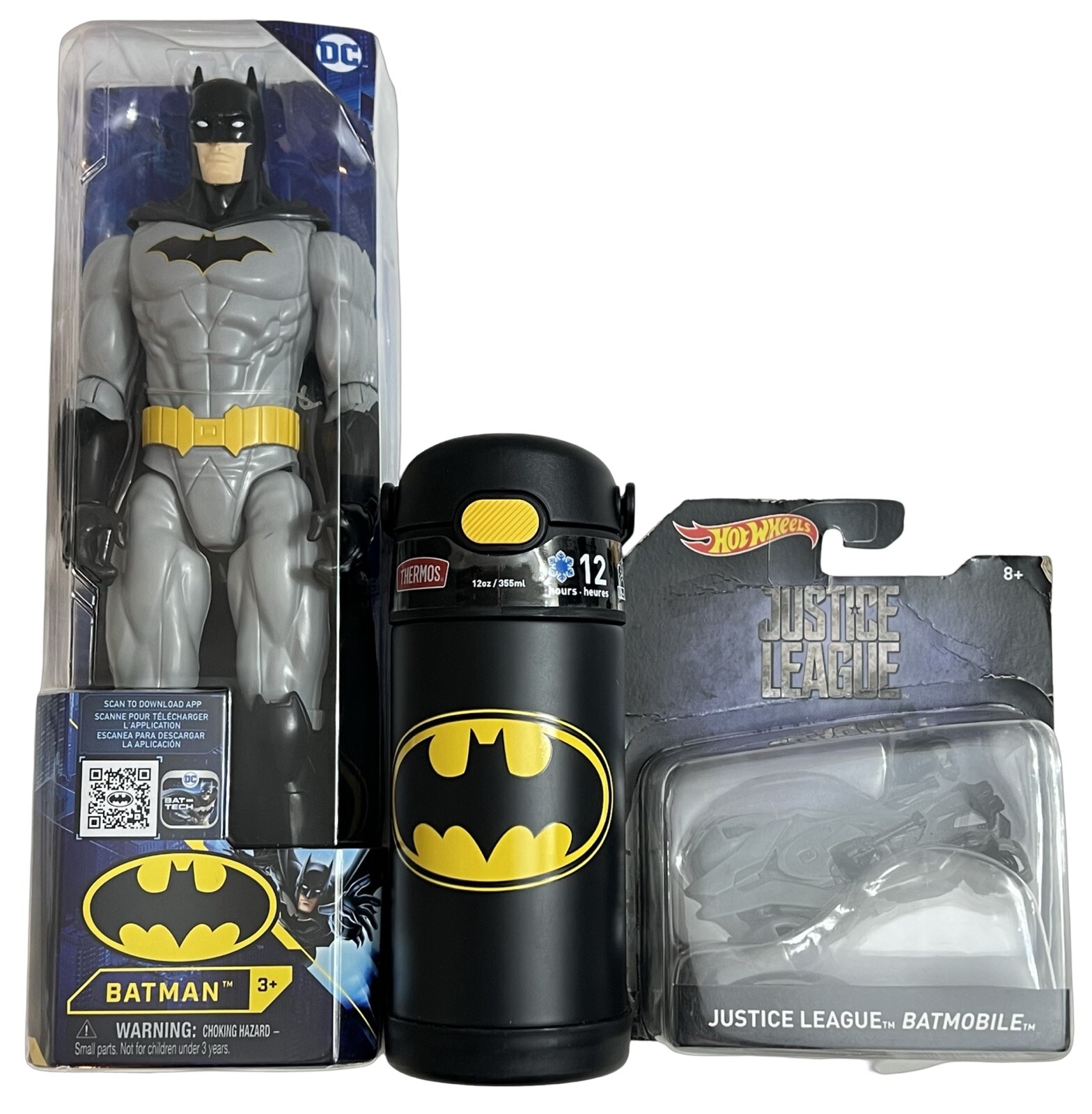 Batman Action Figure, Batmobile Toy & Thermos Batman Funtainer Water Bottle 12oz