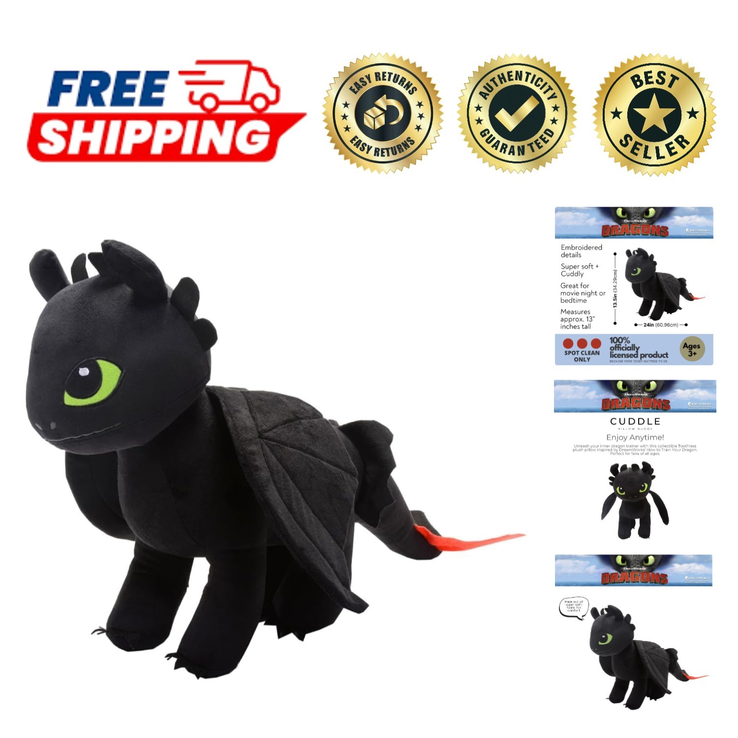 Toothless Plush Cuddle Pillow Buddy – 24×13 inches – A DreamWorks Collectible