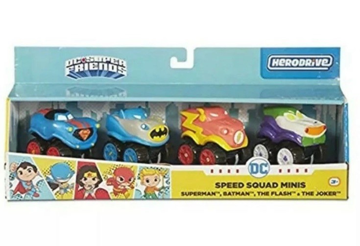 DC Super Friends HeroDrive Speed Squad Mini Cars 4pk Superman Batman Joker Flash