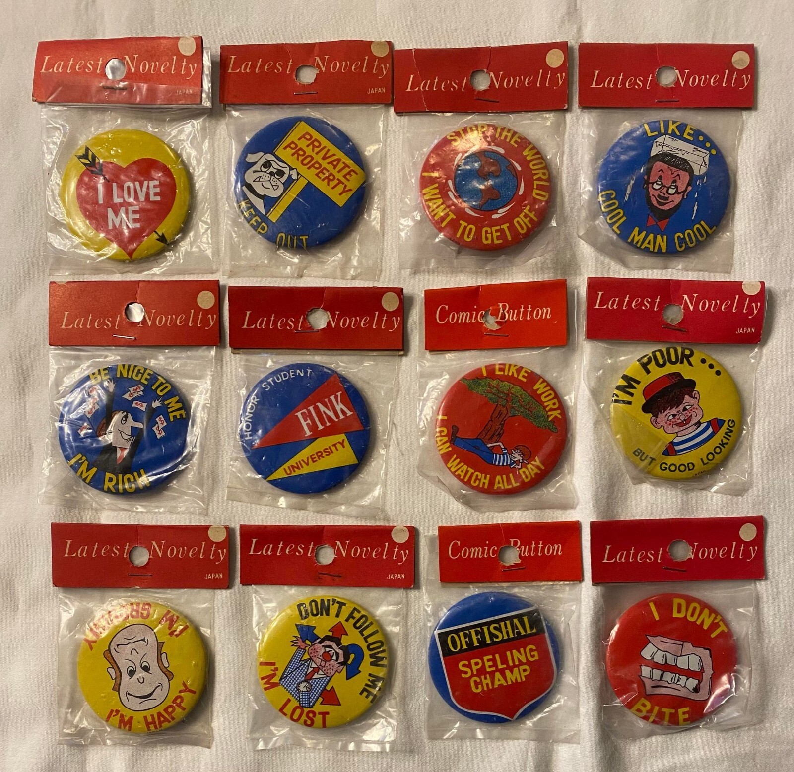 Your Choice – Vintage Japan 2 Metal Pinback Novelty Buttons 1950s 1960s