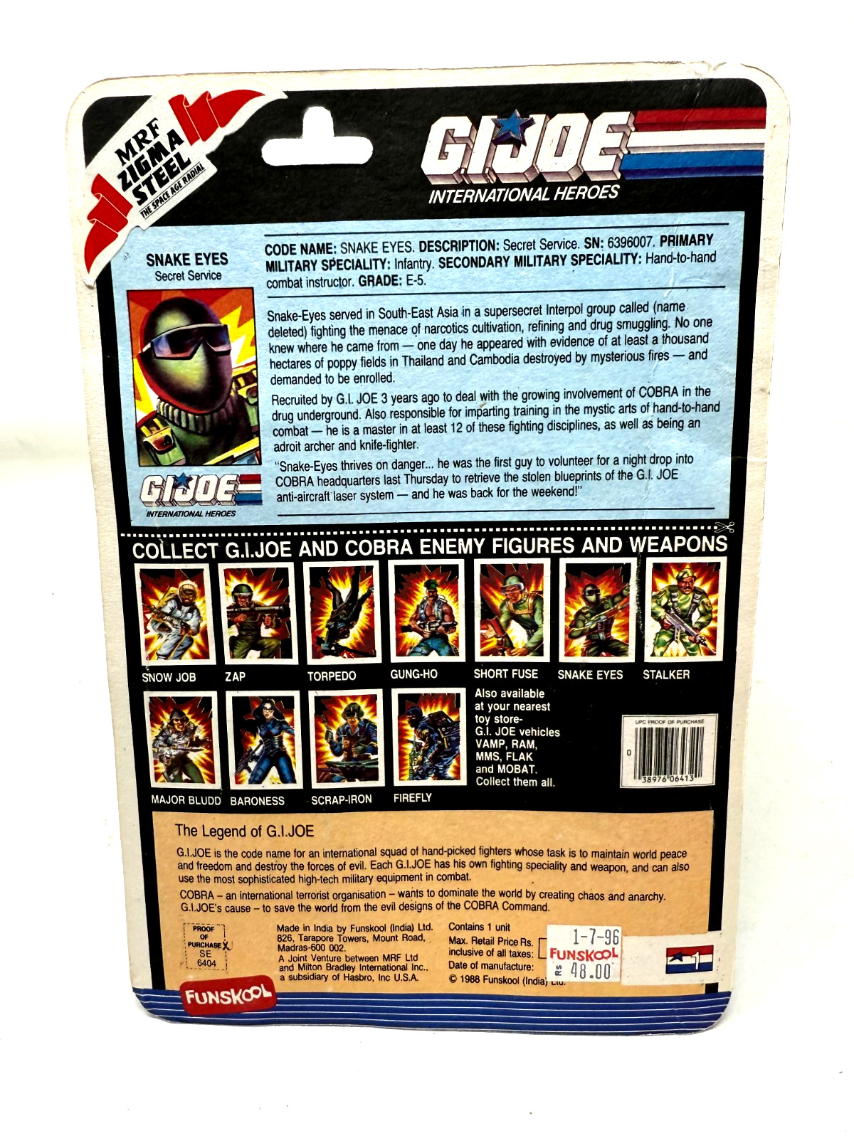 GI JOE 1998 Funskool India Nilco Snake Eyes SEALED NEW Action Figure