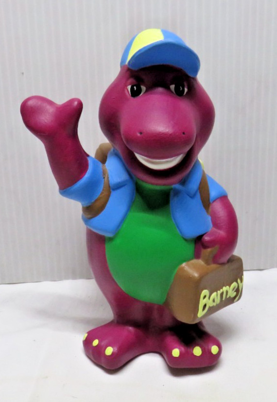 Barney Purple Dinosaur Back to School 1992 Lyons Group Ceramic rare brown bag