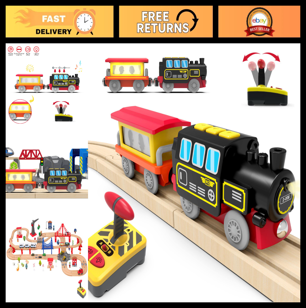 Motorized Remote Control Train Set for Wooden Tracks, Battery Operated Locomotiv