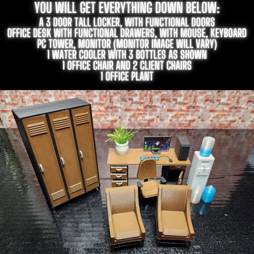OFFICE SPACE BUNDLE For 3.75&Prime; Figures, Desk, locker, Plant, Water Cooler, Chairs