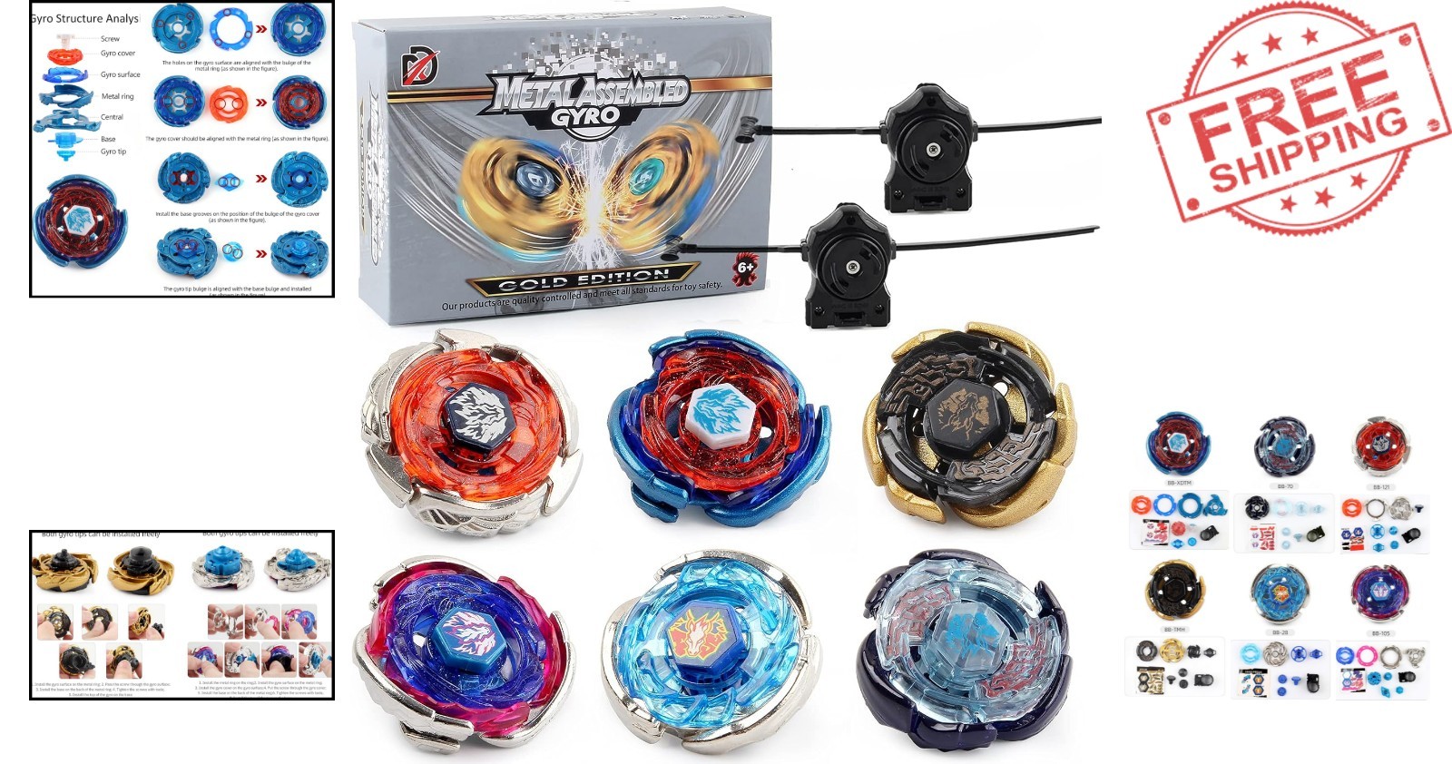 Durable Battling Tops – 6-Piece Set with 2 Launchers & Fantasy Stickers for Kids