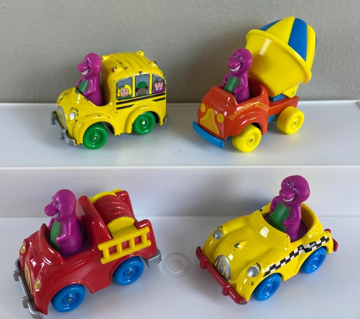 Barney Dinosaur The Lyons Group Diecast Cars FireTruck School Bus Cement Mixer