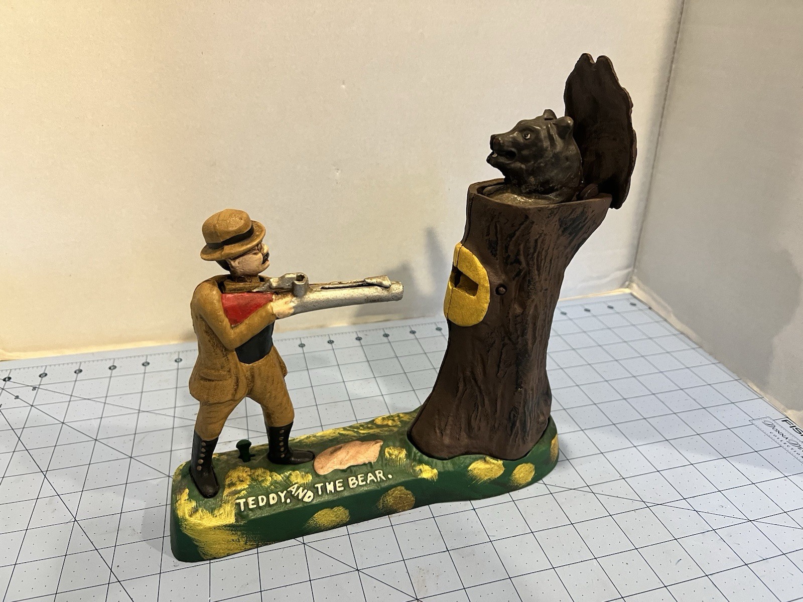 Teddy And The Bear Mechanical Bank Hunter Bear Cast Iron Coin Bank Vintage