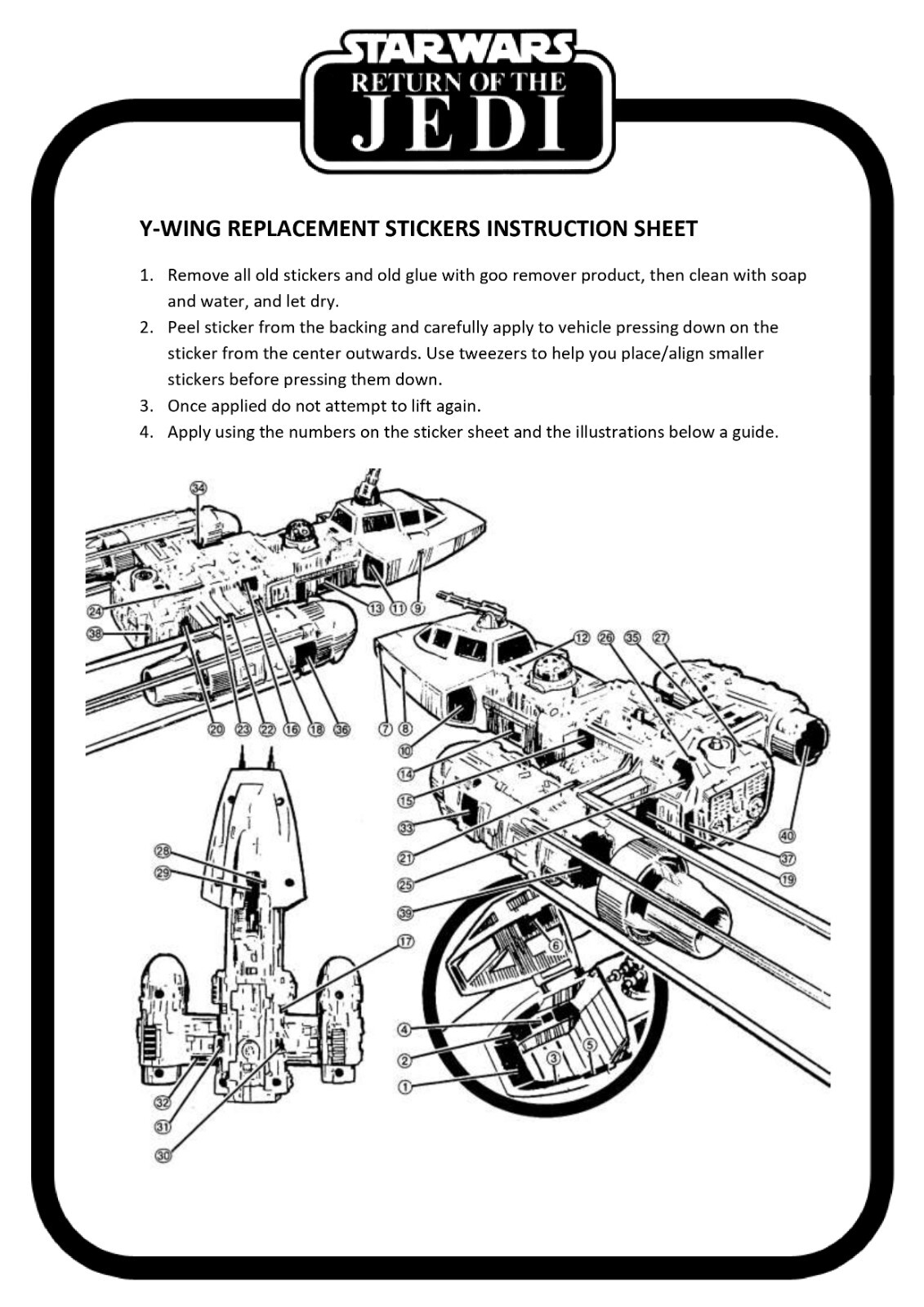 REPLACEMENT STICKERS for Kenner 1983 STAR WARS VINTAGE Y-WING YWING FIGHTER