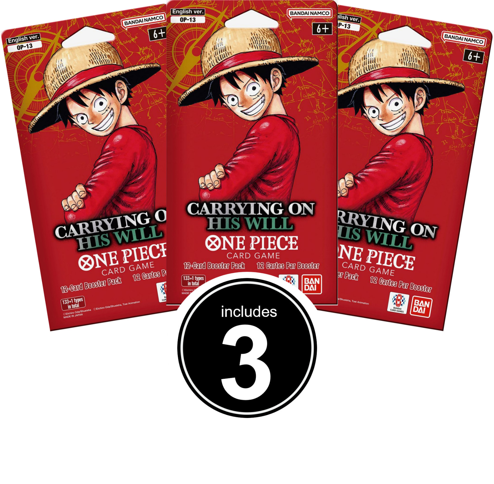 One Piece « Carrying On His Will » OP-13 Trading Cards includes 3 Booster Packs